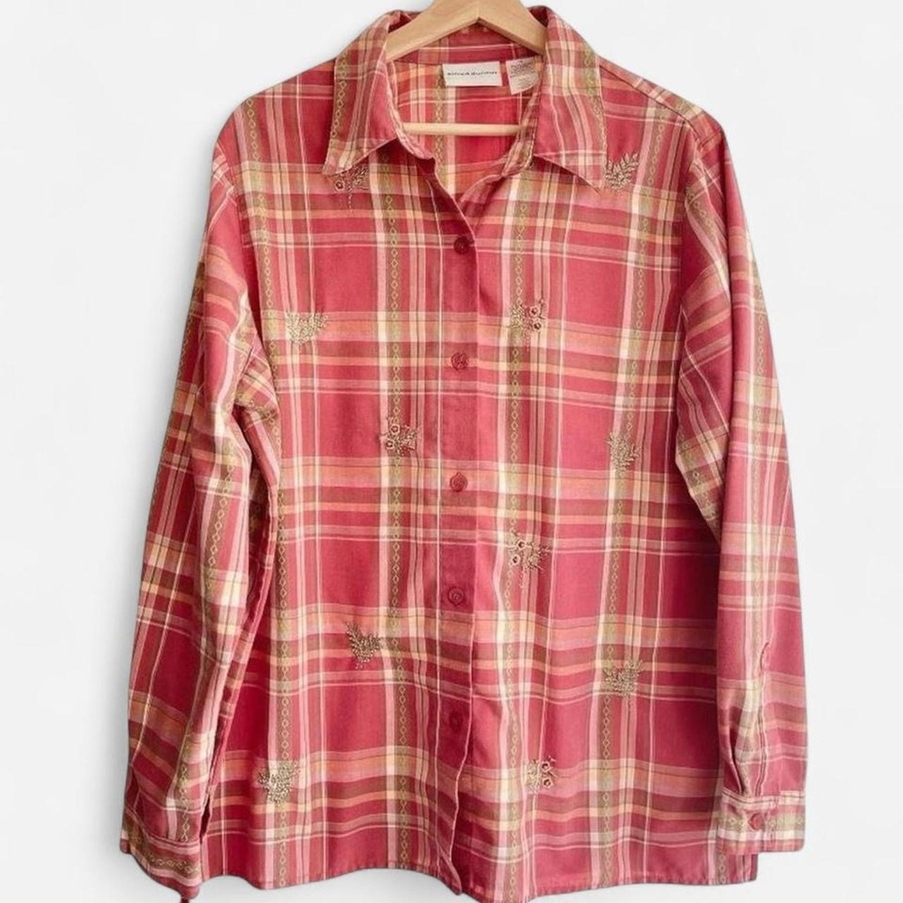 Vintage Alfred Dunner Pink Plaid Button Down Long Sleeve Shirt Flowers - Picture 6 of 7